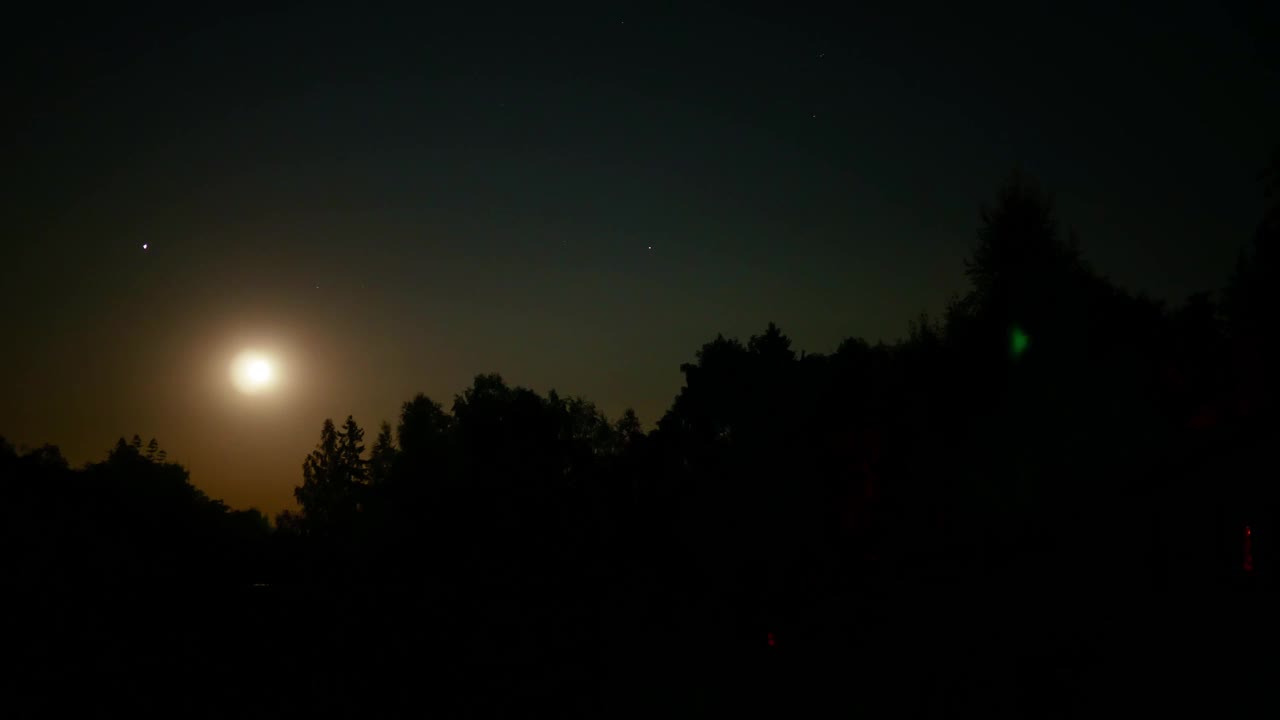 满月缓缓划过夜空。稀疏的云漂浮在树梢上。