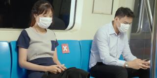 亚洲职业女性乘坐地铁时戴口罩预防新冠肺炎。喷洒酒精清洁双手。在冠状病毒疫情情况下，注意出行上班。社会距离