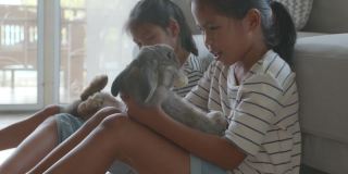 两个亚洲女孩兄弟姐妹抱着他们的宠物兔子一起在客厅里充满爱地玩耍。