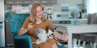 年轻的美国女子在公寓房间rbbro的扶手椅上与宠物自拍
