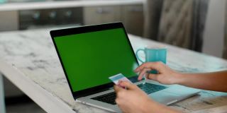 在绿色屏幕的笔记本电脑上手动输入银行卡数据进行支付。Rbbro