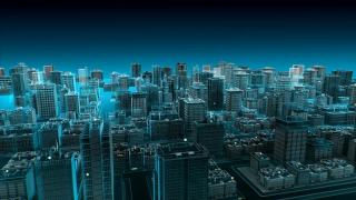 智能城市上的无线智能传感器图标，连接“区块链”物联网技术。蓝色x射线鸟瞰图。4 k动画。视频素材模板下载