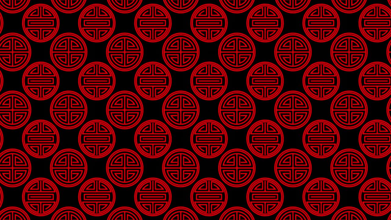 动画传统的日本纹理。黑色屏幕上的东方传统几何红色图案。摘要无缝背景为中国新年。4k图形运动循环模式