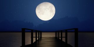 幻想大海浪月亮海码头美丽的夜景4k