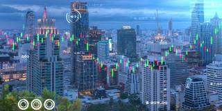 数字城市未来背景与证券交易所市场烛台图表和现代金融业务数据分析符号，金融业务投资概念。