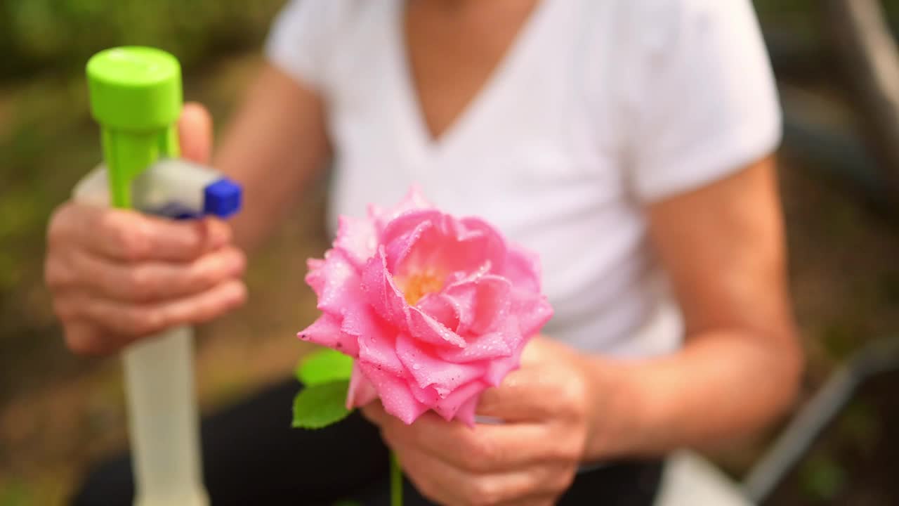 老年园丁、农妇、老人在户外的夏季花园里照料鲜花，用水粉机喷洒开花植物。农业，园艺，农业，退休老人。