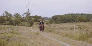 两个骑手骑着马在空旷的田野上，在万里无云的天空下