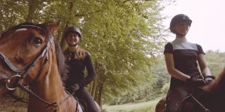 女骑手在茂密的森林中骑着棕色的马