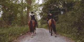 两个骑手骑着马在森林中央的慢动作