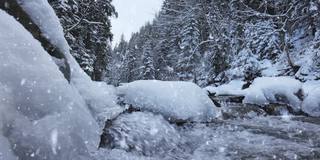 冬天的故事。冬天的风景有被雪覆盖的森林，寒冷的河流有冰雪和降雪。冬季自然背景，万向节拍摄