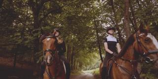 女骑手在茂密的森林中骑着棕色的马