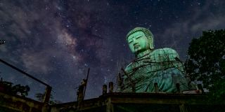 “大佛”(Daibutsu)在银河背景的铜像Doi Phra Chan在佛寺在泰国兰邦市Mae ta市。