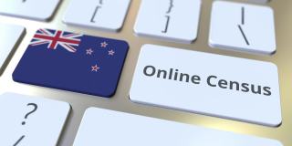在线人口普查文本和新西兰的旗帜在键盘上。概念3 d动画