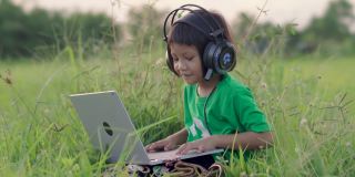 小女孩戴着耳机，在绿草地上用笔记本电脑社交媒体。乡村景色。在夏天的休闲时间