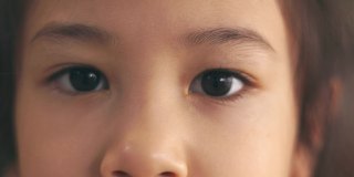 近4k的脸显示美丽的眼睛和眉毛可爱的亚洲女孩正在看着相机。它展示了人类皮肤的自然细节和文化多样性的迷人的面部表情。