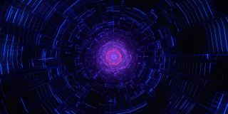 飞行进入网状结构，抽象的霓虹灯蓝色圆圈科幻隧道