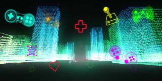 霓虹灯电子游戏的动画数字界面闪烁在三维城市模型