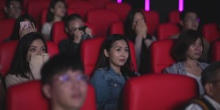 亚洲的中国人群在电影院看恐怖的惊悚电影