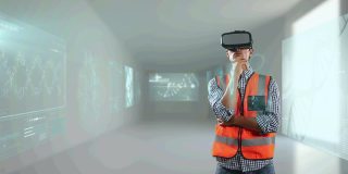 动画连接，屏幕与数据处理的男性工程师戴着虚拟现实头盔