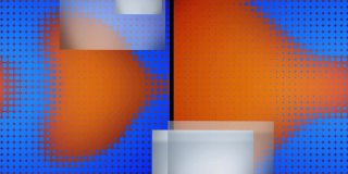 动画分割屏幕与灰色正方形和蓝色像素改变大小的橙色背景
