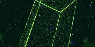摘要发光绿色粒子形成三维物体。矩形。Vj循环作为虚拟数字空间的bg。粒子形成全息影像的形状，作为大数据、网络或vr空间的概念。科幻运动设计bg。