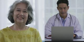 亚洲老年妇女视频通话，微笑，幸福的家庭在客厅。呆在家里。远程健康咨询医生与平板电脑。高年级学生用平板电脑练习社交游戏。远程医疗的概念