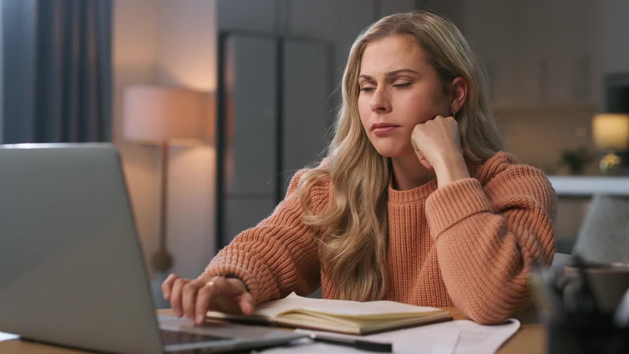 一个年轻女子在家学习时看起来压力很大的4k视频
