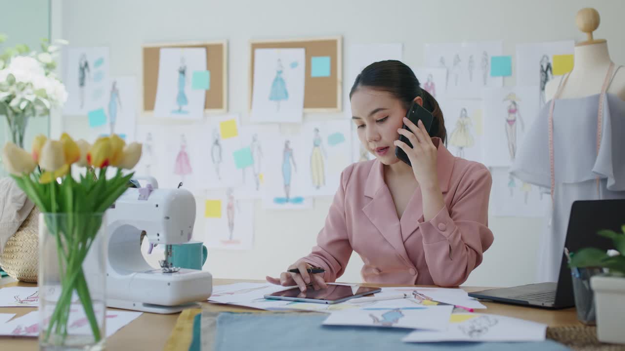 时装设计师学院的大学生在服装工作室工作。