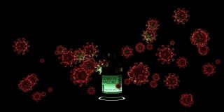 在被冠状病毒包围的黑暗中，玻璃瓶里的液体发出绿光。3d渲染动画循环