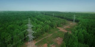电力高压电替代能源输电铁塔延伸至森林。绿色生态森林。无人机的鸟瞰图。
