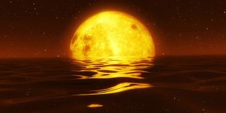 平静的海面上出现了超现实的满月。黄灯