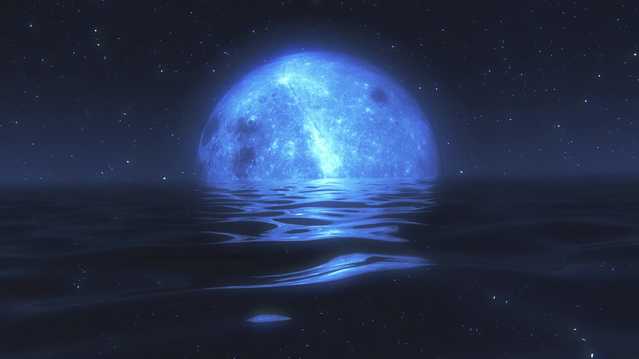平静的海面上出现了超现实的满月。蓝色的光