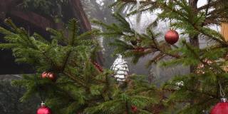 挂在冷杉树枝上的圣诞装饰品在薄雾中随风摇摆
