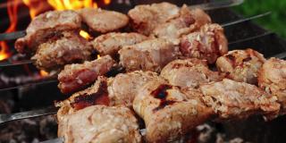 烧烤烤羊肉串炭火煮的肉。关闭了。