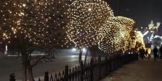 街道旁的圣诞树上的夜间装饰灯饰，圣诞彩灯和路上的汽车