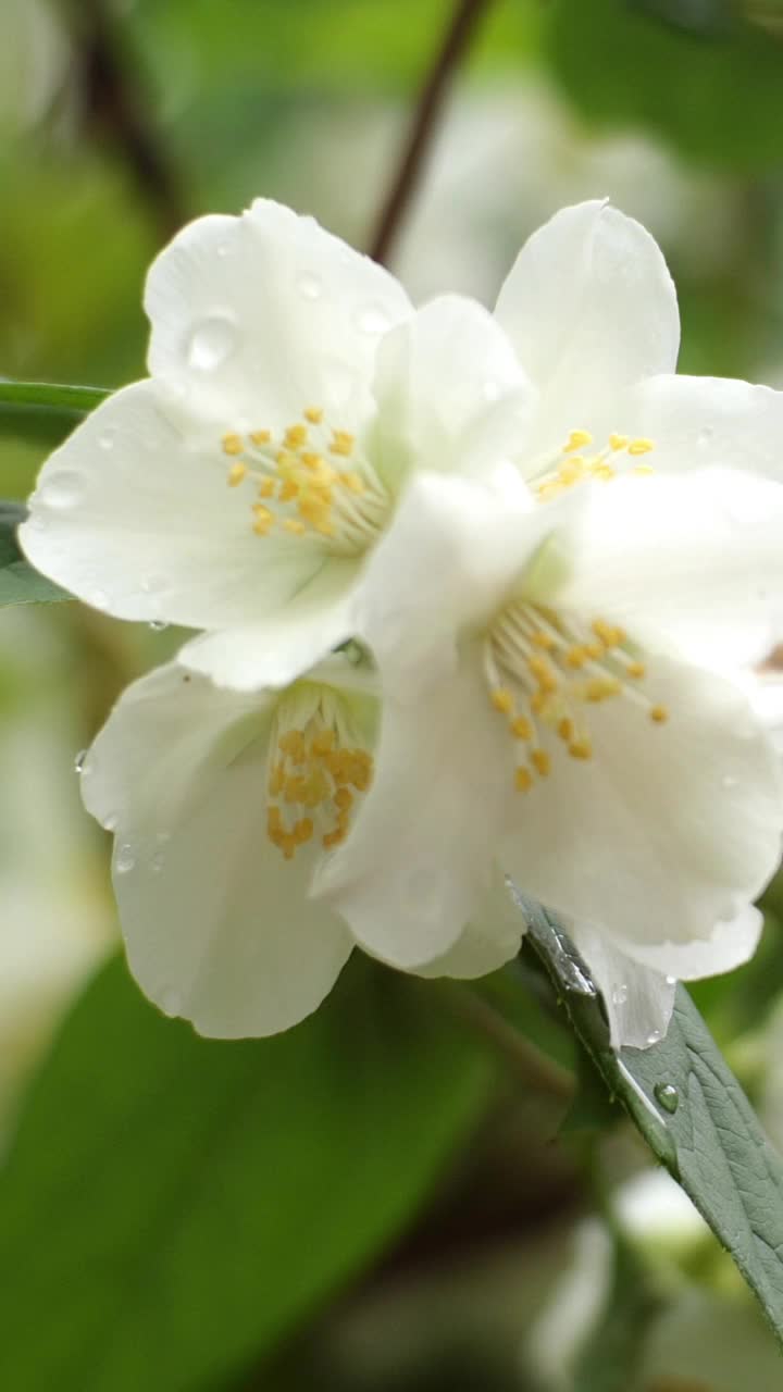 春天微风中，白色的茉莉花在灌木上摇曳。