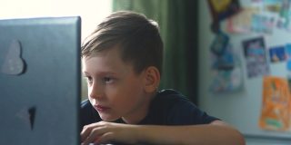 一个白人学生已经在笔记本电脑上学习了7-8年，学习，放松，玩流行音乐。缓解压力的游戏在男生中流行起来。在电脑上进行家庭教育。有选择性的重点