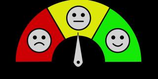 用表情符号和箭头进行满意度评估。动画红色，黄色和绿色水平与表情符号和移动箭头在黑色阿尔法通道4k背景