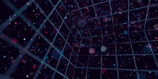 摘要发光粒子在空间中形成三维物体。多维数据集。Vj循环作为虚拟数字空间的bg。粒子形成全息影像的形状，作为大数据、网络或vr空间的概念。科幻运动设计bg