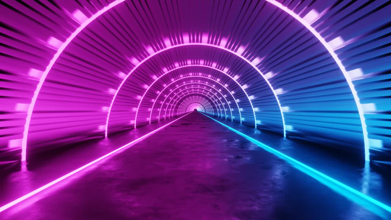 粉色和蓝色霓虹灯隧道无缝循环运动。