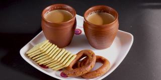 在印度，茶歇期间，用小豆蔻、丁香、姜和肉桂等配料在土制杯子中调制的热马沙拉茶，宵夜放在方形盘子上。