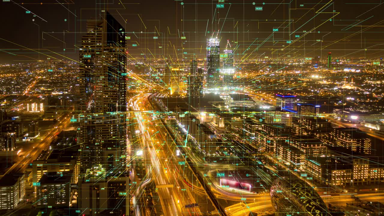 智能数字城市概念，鸟瞰图，迪拜，阿联酋，延时，4k视频，循环