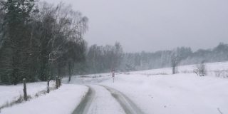 冬季暴风雪雪道，森林路面危险，行驶在冬季道路上