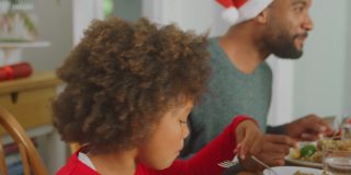 戴着圣诞帽的多代家庭一起在家享用圣诞大餐