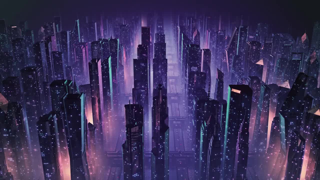 80年代复古的3D动画城市景观与发光的霓虹灯