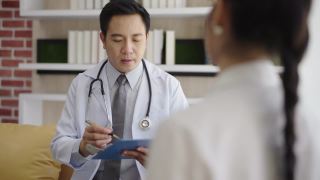 一个亚洲男性整形外科医生的肖像与一个女性病人在诊所咨询医学检查医学和保健的概念。视频素材模板下载
