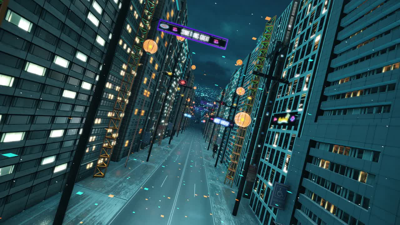 慢动作城市飞行动画。拥有摩天大楼的智能大都市。