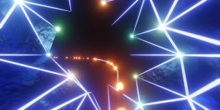 抽象科幻丛式隧道形成无缝回路，中间有照明管的4K视频动画。洞穴技术、科学、工程和人工智能运动背景