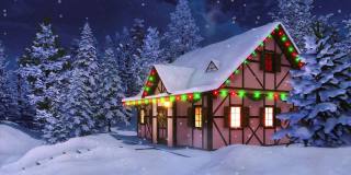 舒适的乡村房子与圣诞装饰在下雪的冬夜3D