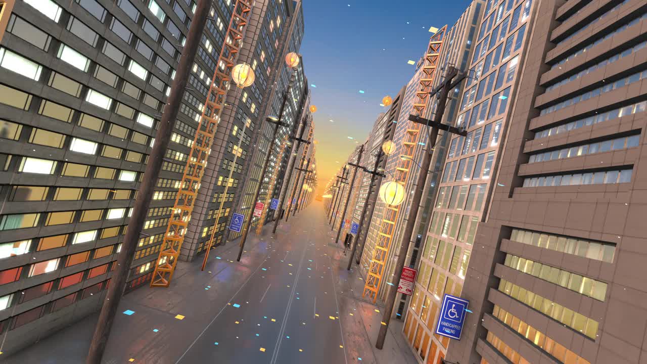 空街道城市飞行3D动画。智能城市。完美的循环。